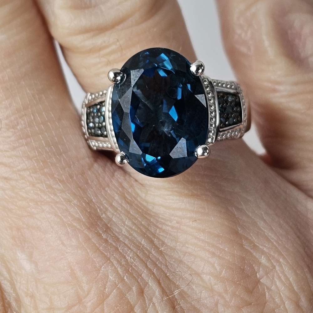 Natural London Blue Topaz & Teal Diamond Ring in Sterling Silver Sz 9! - Picture 11 of 16